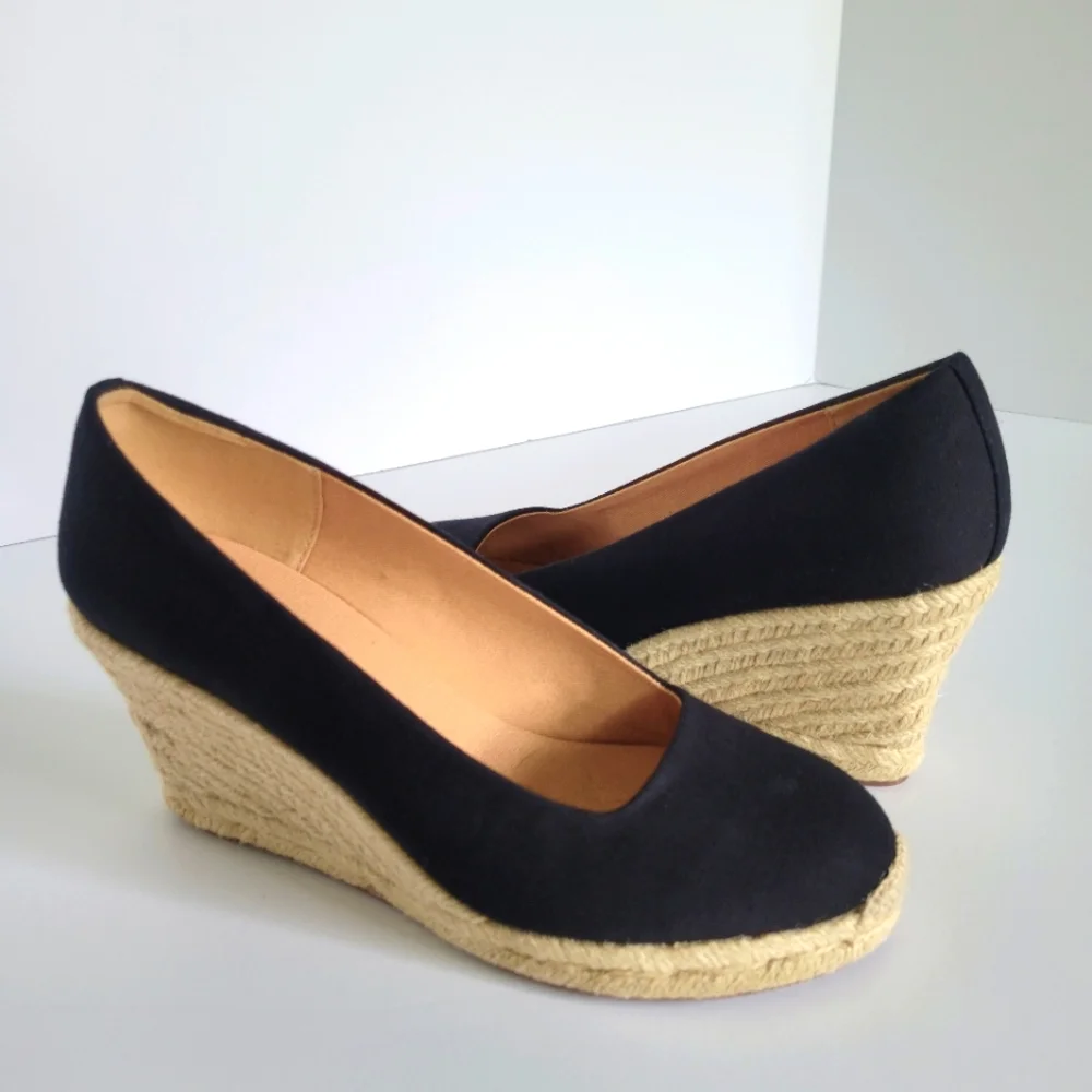 J. Crew Black Canvas Espadrille Wedge Pumps with Natural Jute